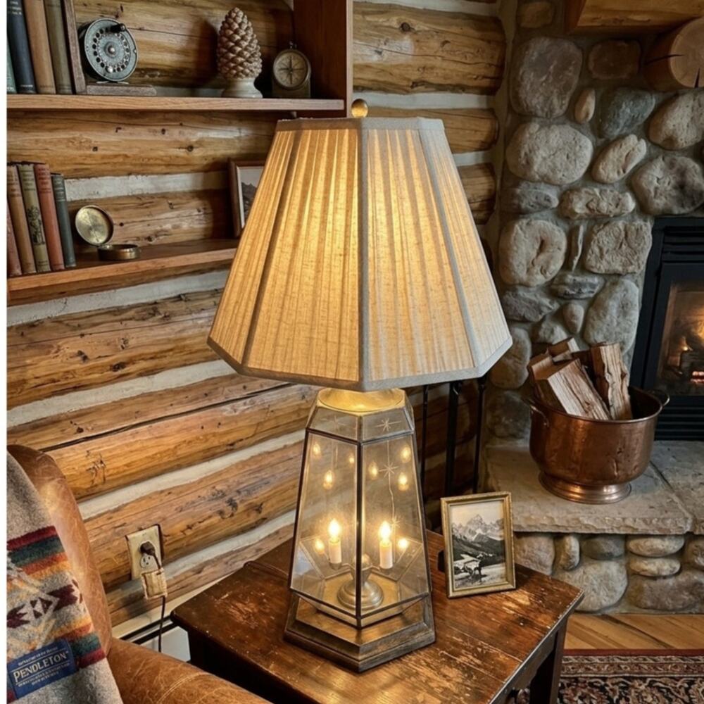 vintage brass beveled glass lantern table lamp hexagonal etched glass panels